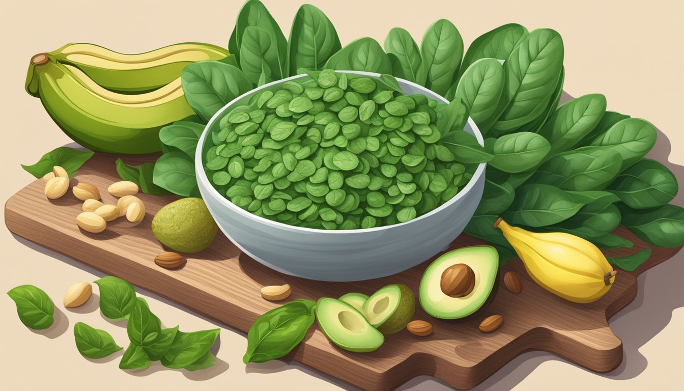 A vibrant pile of spinach surrounded by a variety of other electrolyte-rich foods, such as bananas, avocados, and nuts, arranged on a wooden cutting board