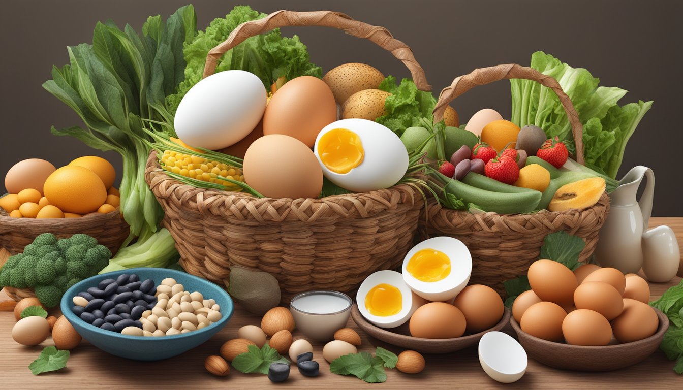 A basket of eggs surrounded by lysine-rich foods like fish, nuts, and beans, with a backdrop of immune-boosting fruits and vegetables