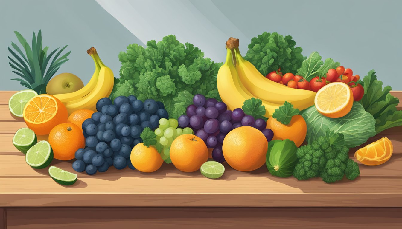 A vibrant assortment of fruits and vegetables, including kale, bananas, and oranges, arranged on a wooden table with a glass of water