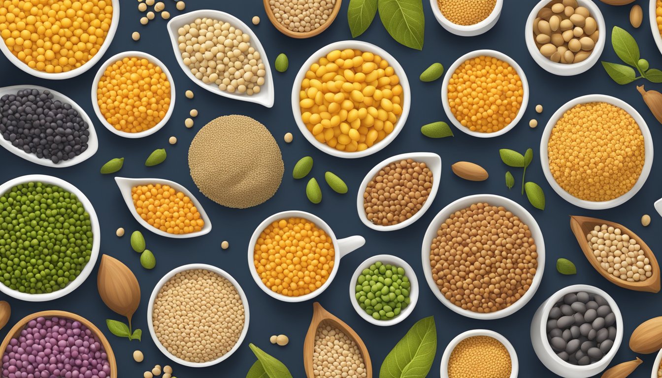 A colorful array of soybeans, lentils, quinoa, and other lysine-rich foods arranged in a vibrant, enticing display