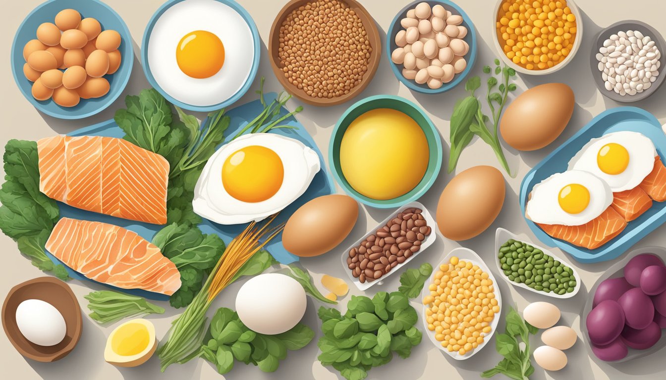 A variety of lysine-rich foods displayed on a table, including eggs, fish, poultry, and legumes. Bright, fresh ingredients highlight their nutritional importance for immune health and protein synthesis