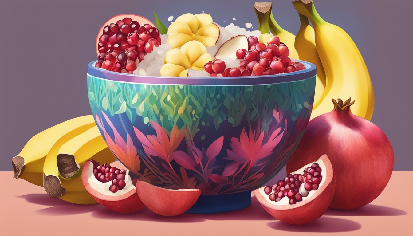 A vibrant bowl of pomegranates, surrounded by coconut water, bananas, and other electrolyte-rich foods