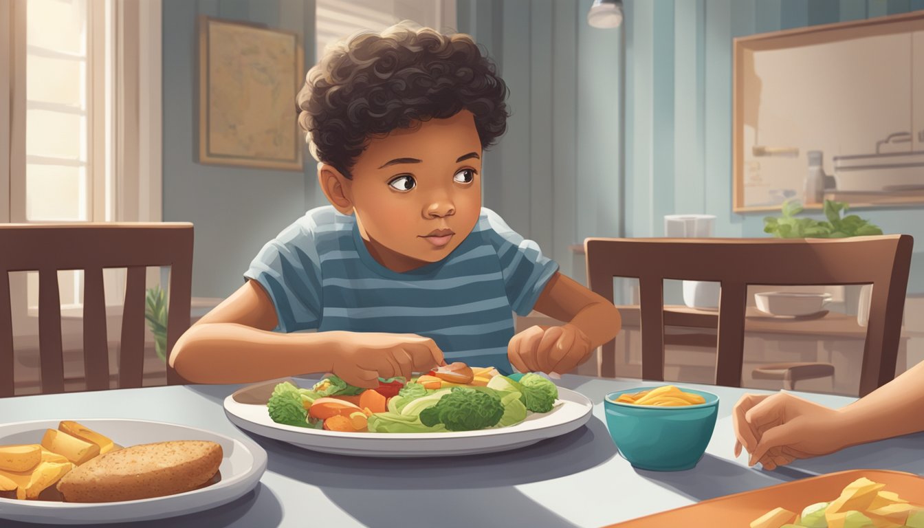 A child sitting at a dining table, pushing away a plate of food while a concerned parent looks on