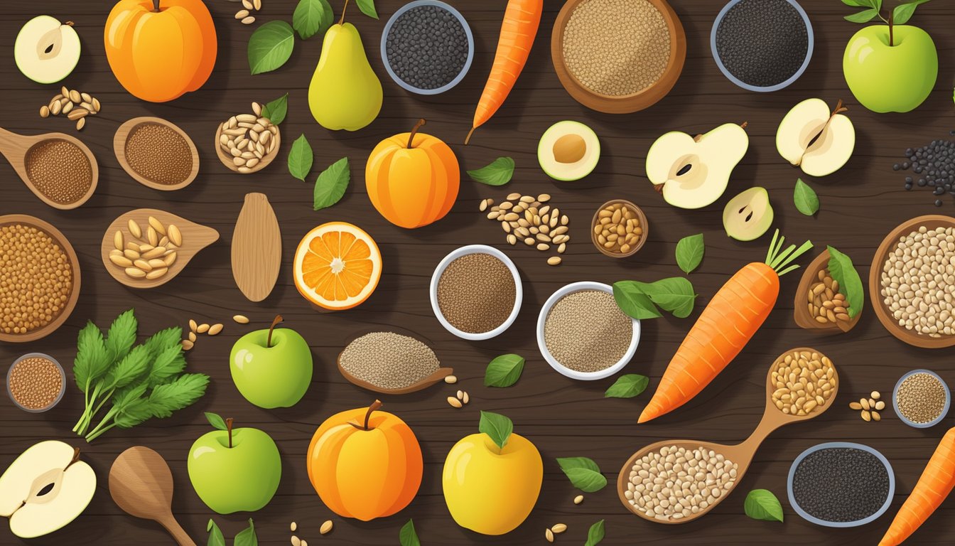 A colorful array of barley, oats, beans, lentils, chia seeds, flaxseeds, apples, pears, oranges, and carrots arranged on a wooden table