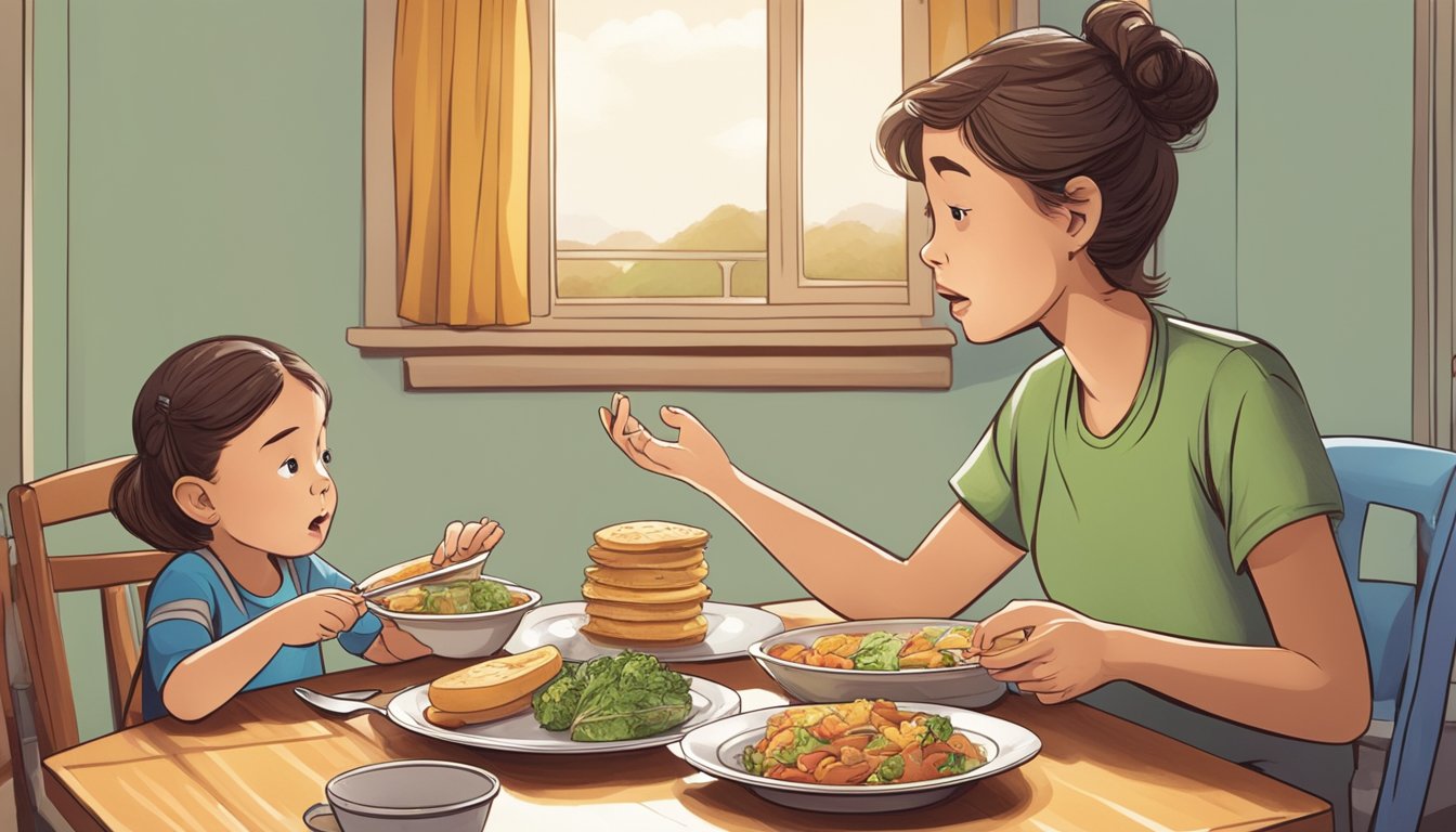 A child sitting at a table, pushing away a plate of food while a frustrated parent looks on