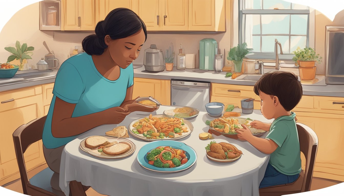 A child sits at a table, pushing away a plate of food while a frustrated parent looks on. Other foods are scattered around, untouched