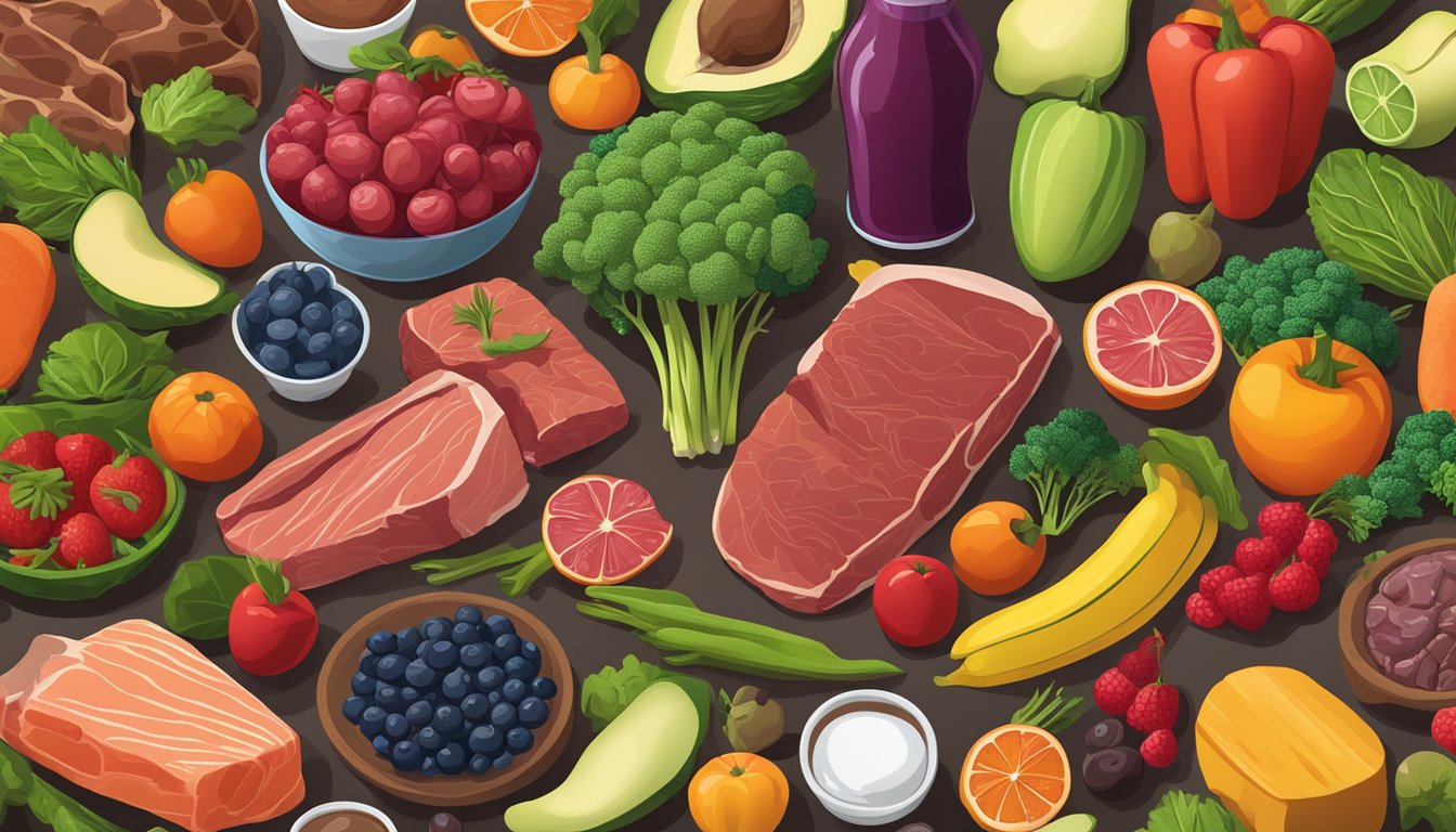 A colorful array of iron-rich foods, including beef liver, surrounded by vibrant fruits and vegetables, symbolizing a healthy pregnancy