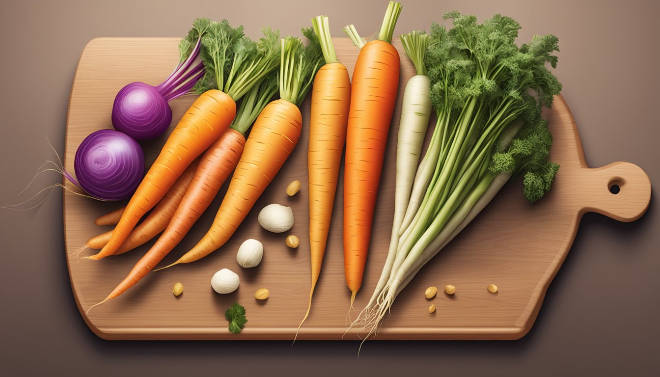 A colorful assortment of whole carrots, alongside other nutrient-dense foods, arranged on a wooden cutting board