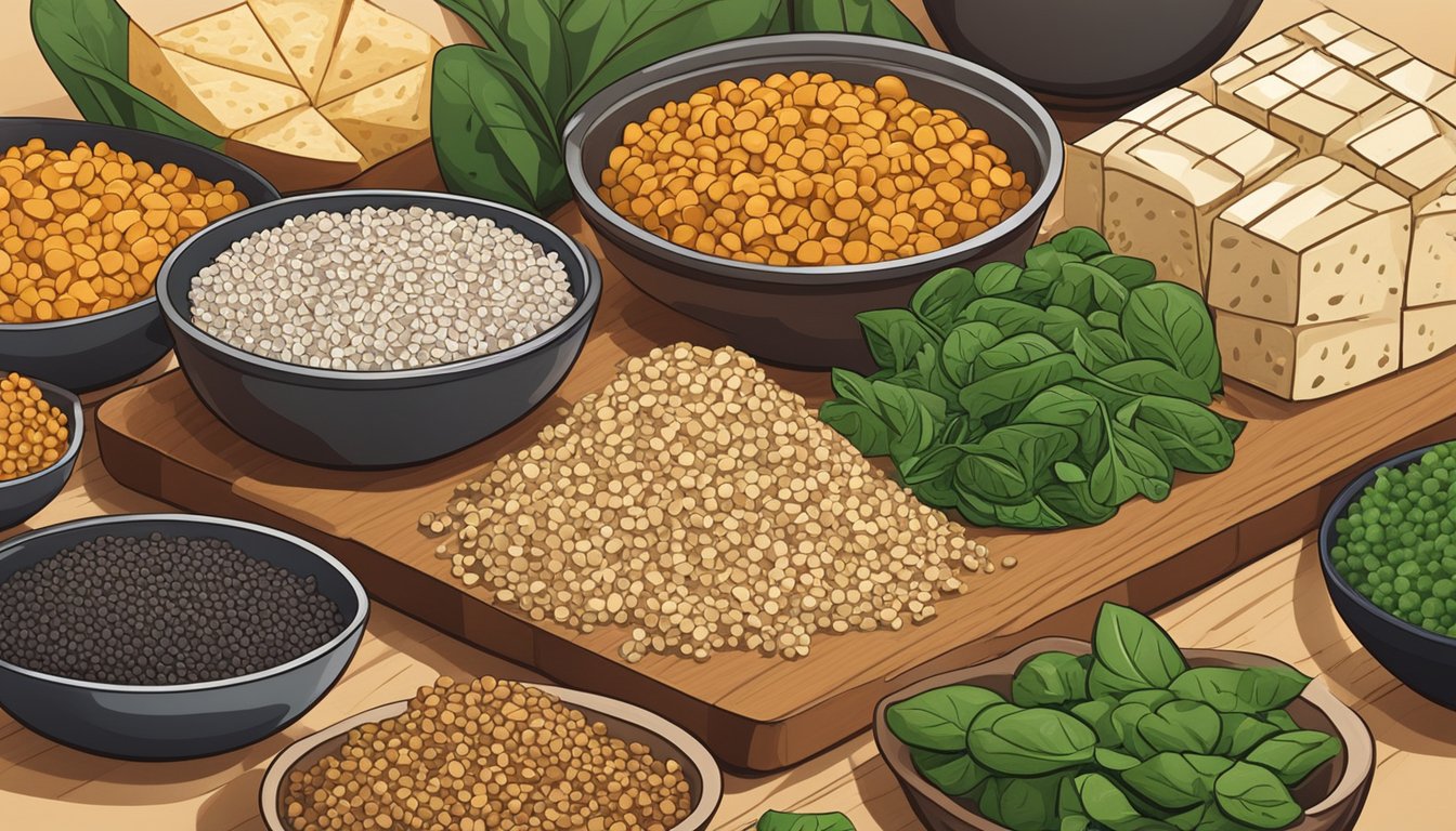 A colorful array of iron-rich foods like tofu, spinach, lentils, and quinoa arranged on a wooden cutting board