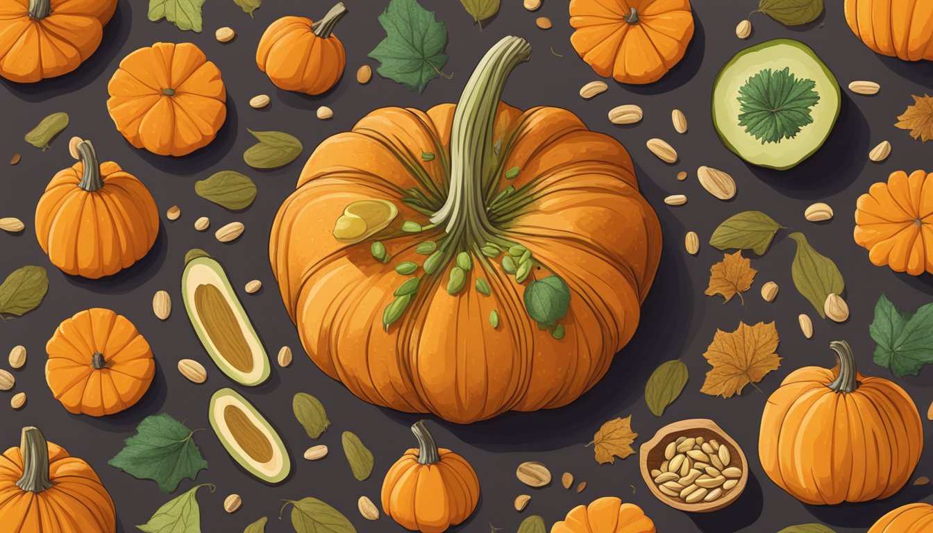 A vibrant pumpkin sits on a wooden table surrounded by scattered pumpkin seeds, showcasing 10 essential iron-rich foods for a healthy pregnancy