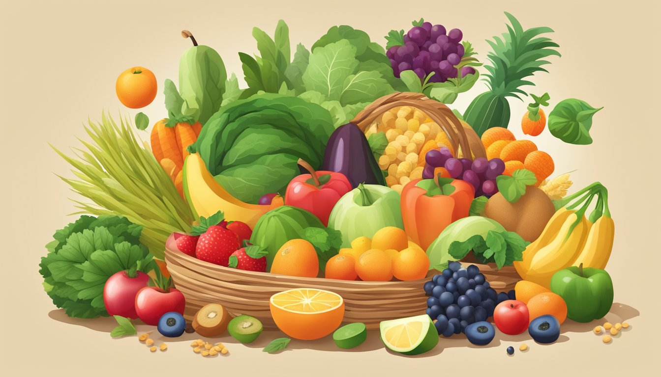 A colorful array of fruits, vegetables, and grains spills out from a woven basket, showcasing the variety of nutrient-dense foods high in soluble fiber for gut health