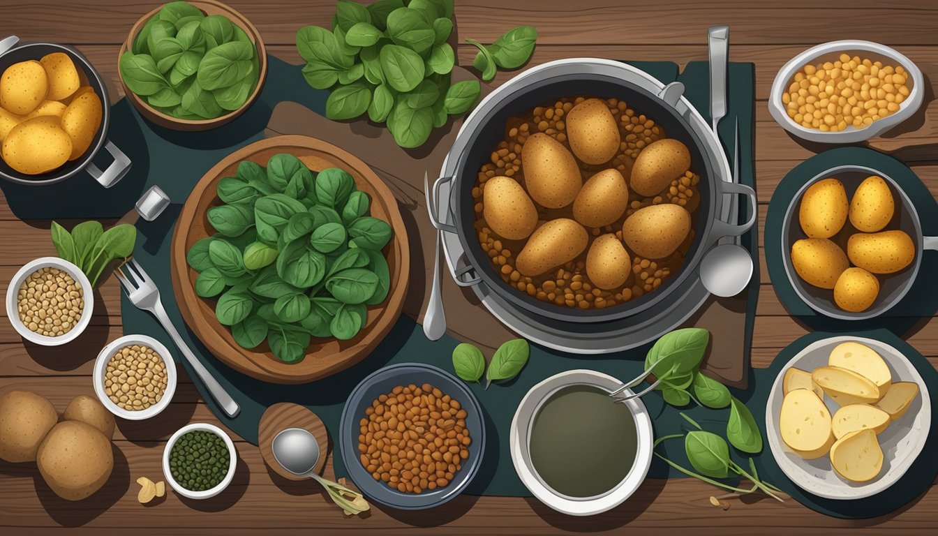 A rustic kitchen table with a plate of baked potatoes, surrounded by spinach, lentils, and other iron-rich foods