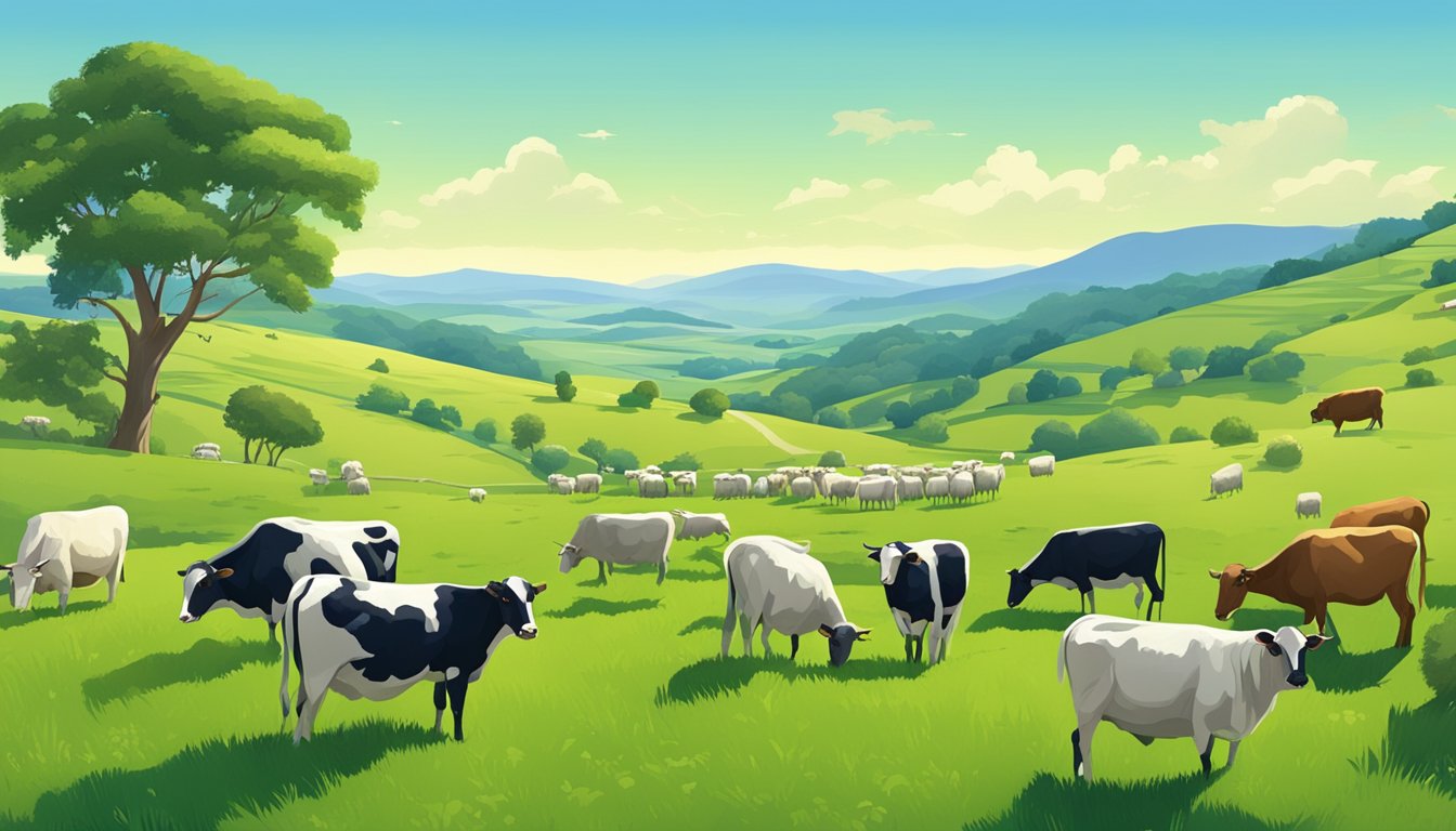 A lush green pasture with cows, goats, and sheep grazing peacefully, surrounded by rolling hills and a clear blue sky