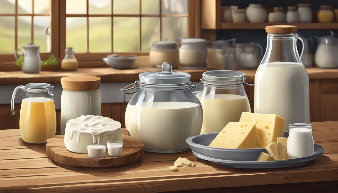 A rustic kitchen with a variety of dairy products, including cow, goat, and sheep's milk, displayed on a wooden table