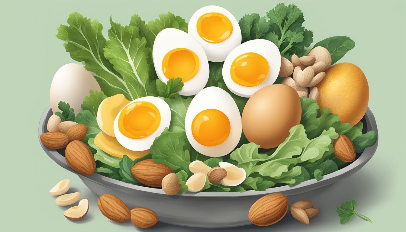 A bowl of egg yolks surrounded by nutrient-rich foods like nuts and leafy greens