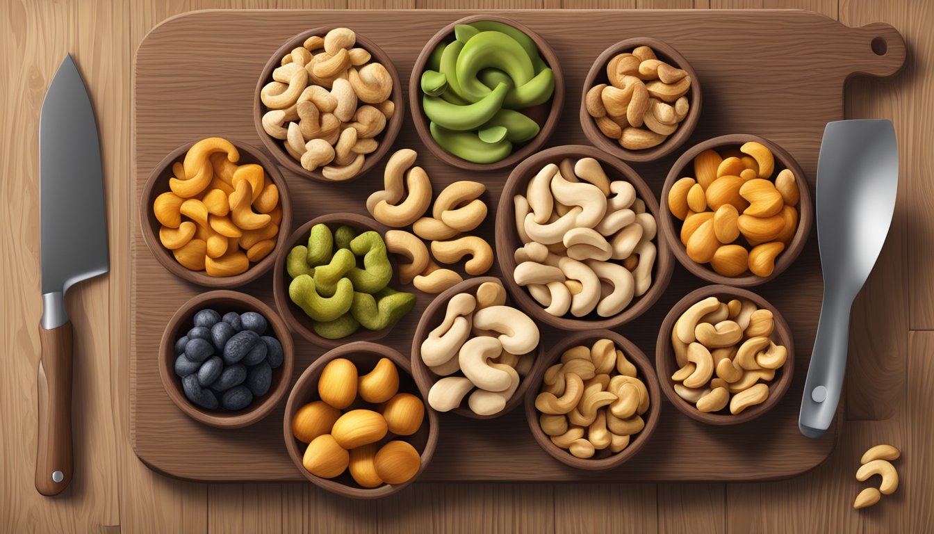 A colorful assortment of cashews, along with other iron-rich foods, arranged on a wooden cutting board