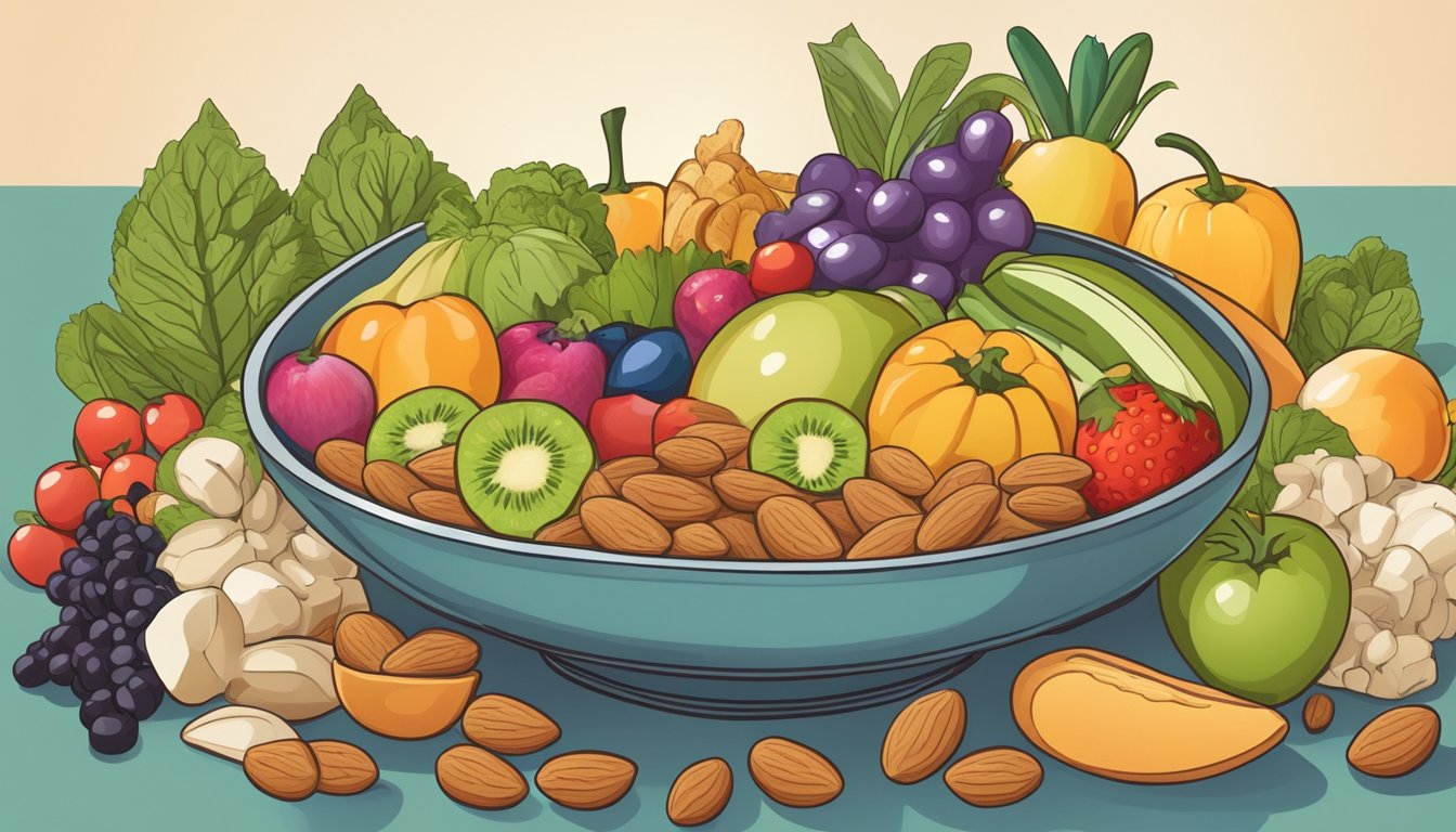 A bowl filled with almonds, surrounded by colorful fruits and vegetables, with a bottle of vitamins nearby