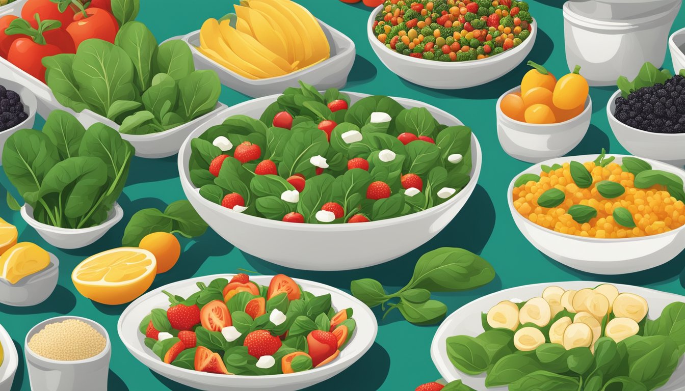 A colorful array of nutrient-rich foods, including spinach, arranged in a vibrant and appetizing display