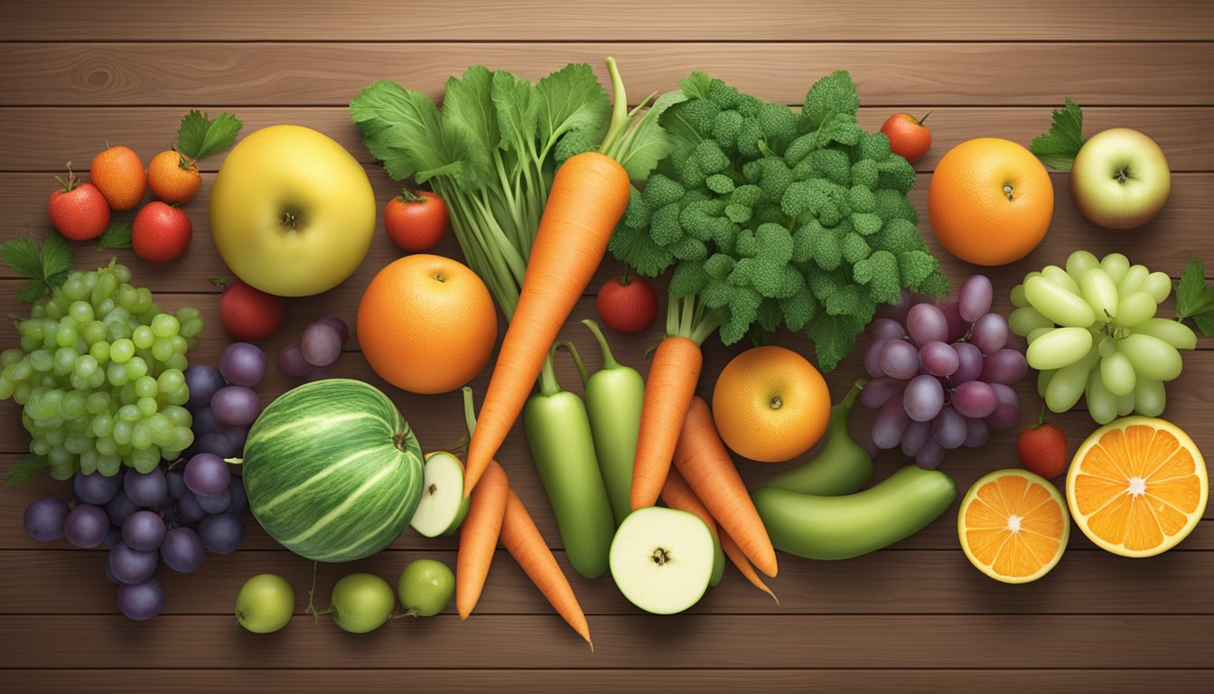 A colorful array of fruits and vegetables arranged on a wooden table, including apples, oranges, grapes, and carrots