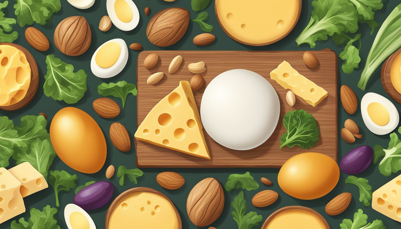 A colorful array of cheddar cheese, eggs, nuts, and leafy greens arranged on a wooden cutting board