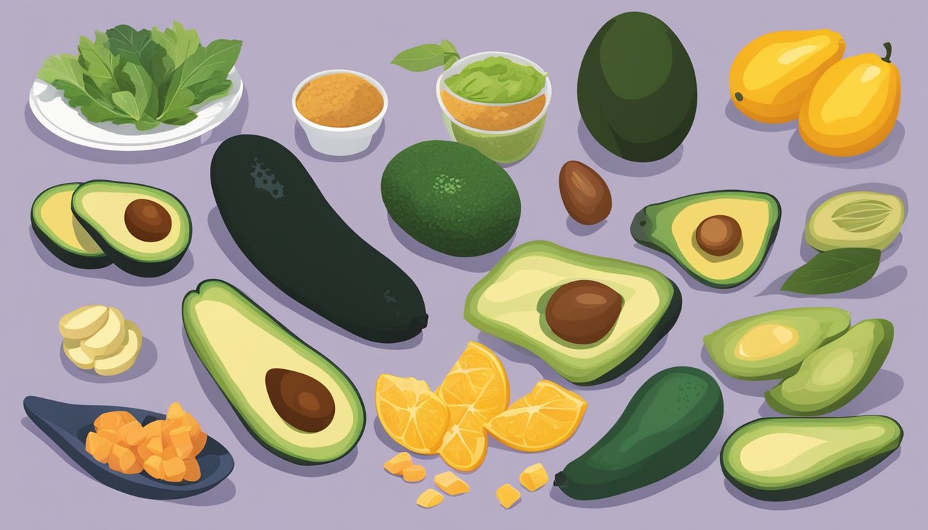 A colorful array of nutrient-rich foods, including avocados, are displayed on a table, highlighting their high biotin content