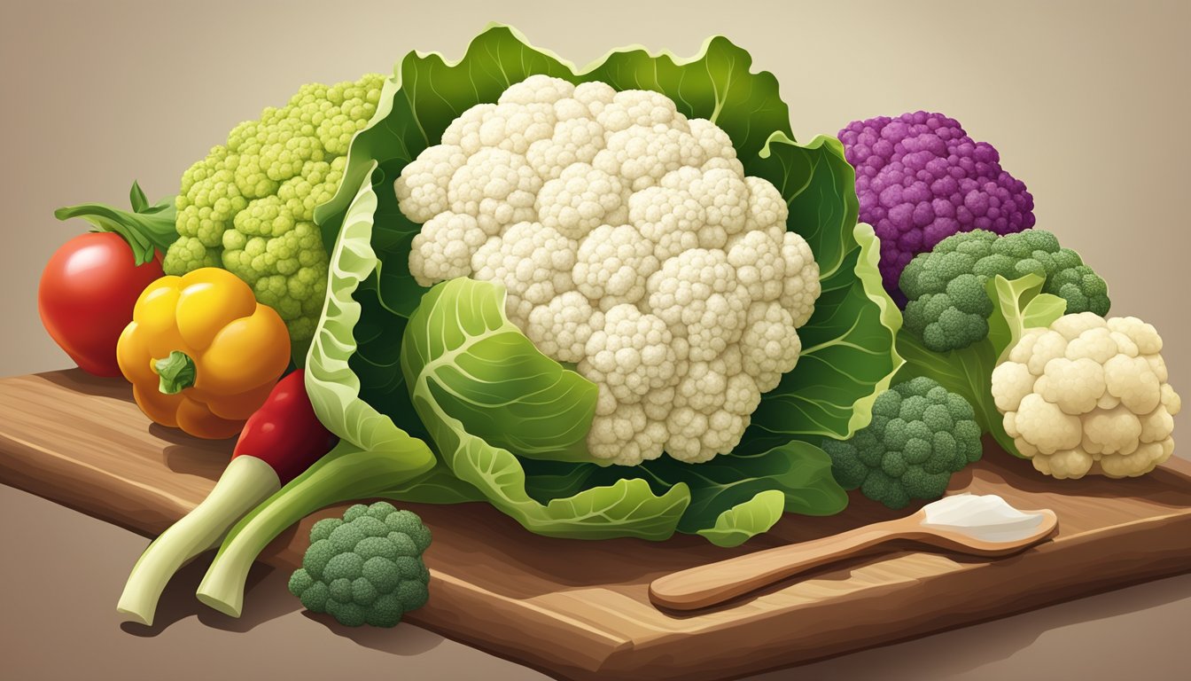 A colorful assortment of nutrient-rich foods, including a vibrant head of cauliflower, arranged on a wooden cutting board