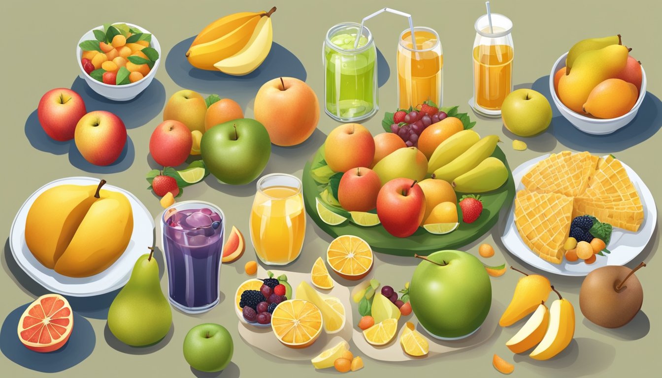 A table with 10 foods arranged in a circle, including fruits like apples, pears, and mangoes, as well as processed items like soda and honey