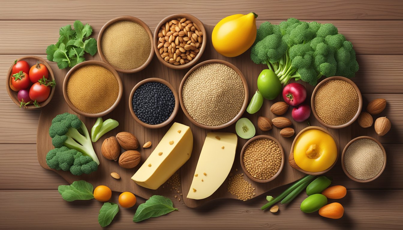 A colorful array of quinoa, lentils, tofu, and nuts arranged on a wooden table, surrounded by vibrant fruits and vegetables