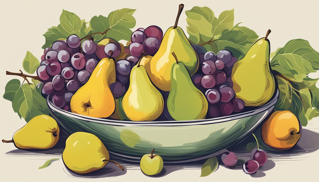 A bowl filled with ripe pears, surrounded by apples, grapes, and other fruits