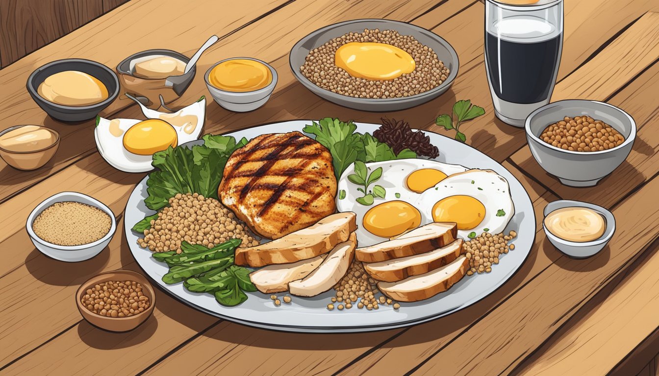 A plate with grilled chicken breast surrounded by 9 other protein-rich foods, such as eggs, quinoa, and tofu, displayed on a wooden table