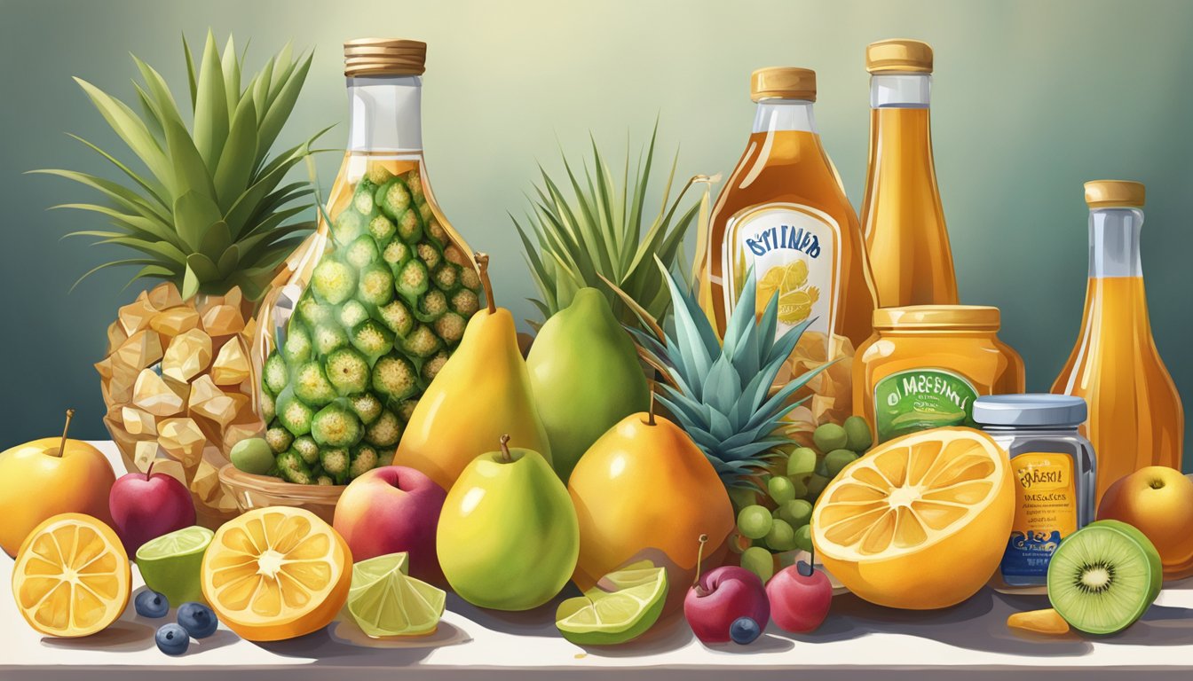 A still life arrangement of fruits, honey, agave nectar, and processed foods, with a focus on their high fructose content