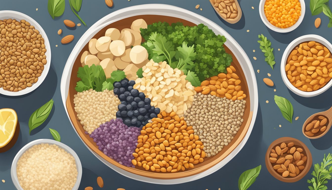 A bowl of lentils surrounded by other protein-rich foods like quinoa, tofu, and almonds