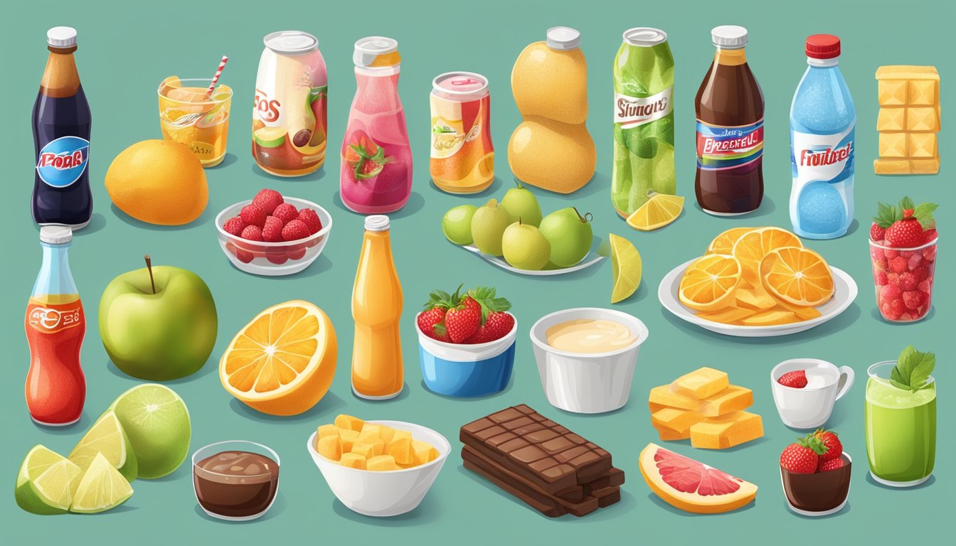 A table with 10 common high-fructose foods arranged in a row, including fruits, processed snacks, and sugary drinks