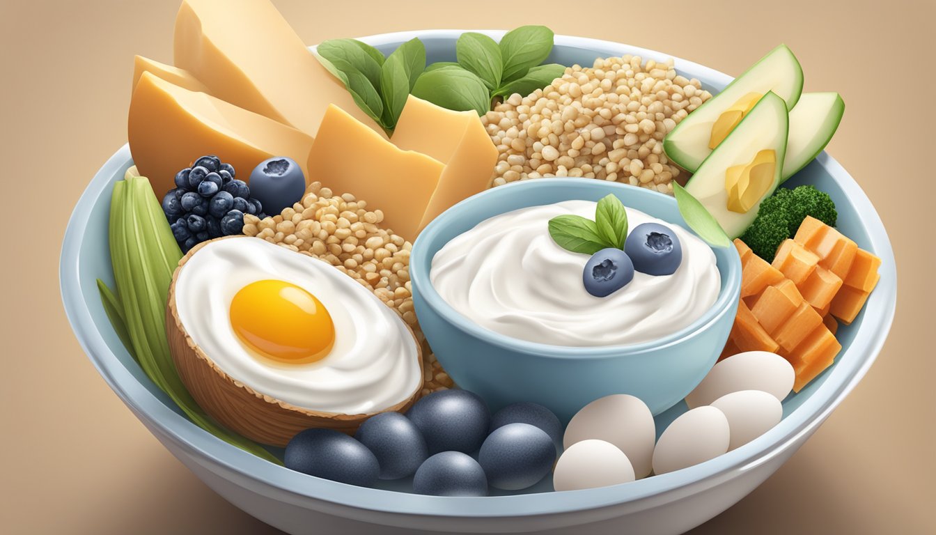 A bowl of Greek yogurt surrounded by a variety of protein-rich foods, such as eggs, chicken, and quinoa, all high in essential amino acids