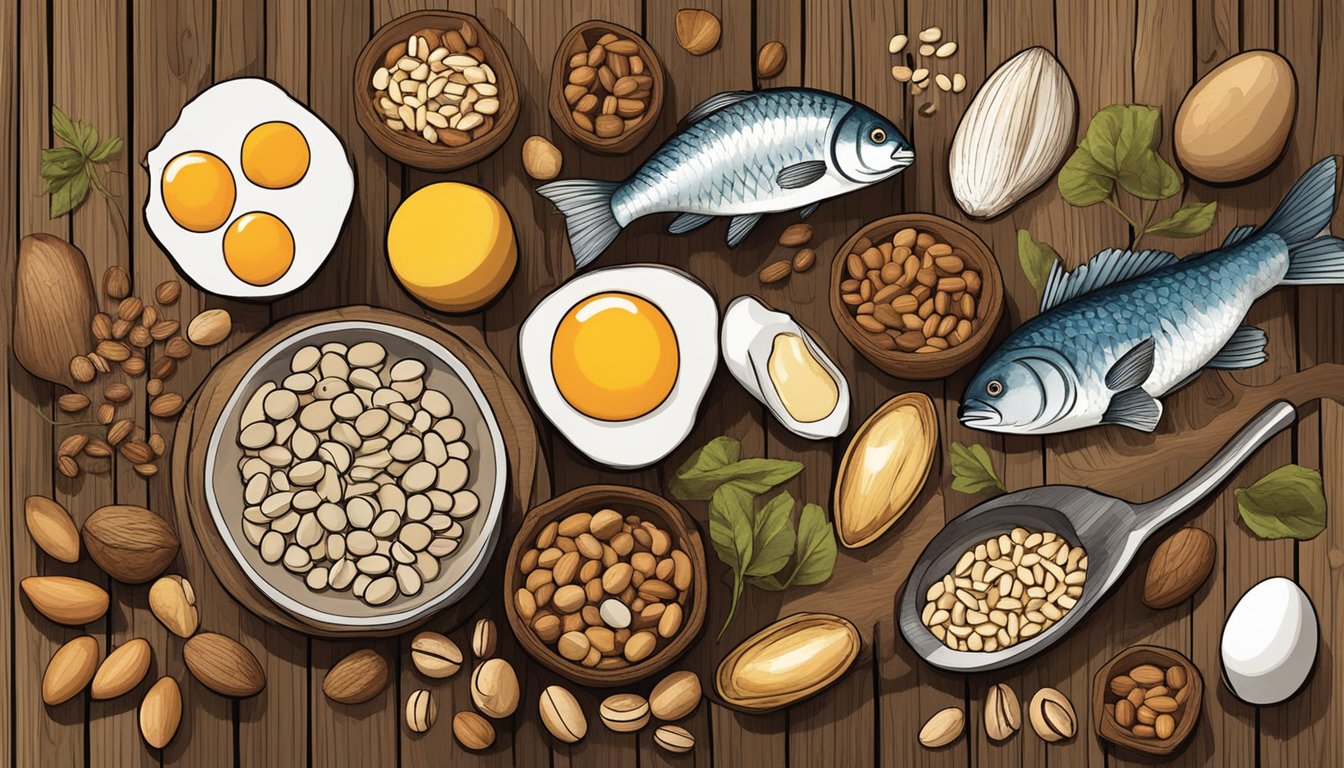 A colorful array of eggs, nuts, beans, and fish on a rustic wooden table