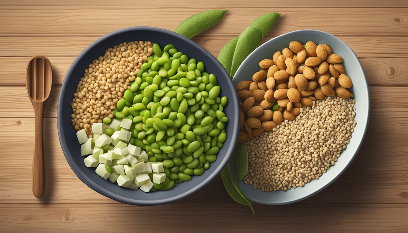 A bowl of edamame surrounded by other protein-rich foods like quinoa, tofu, and nuts on a wooden table