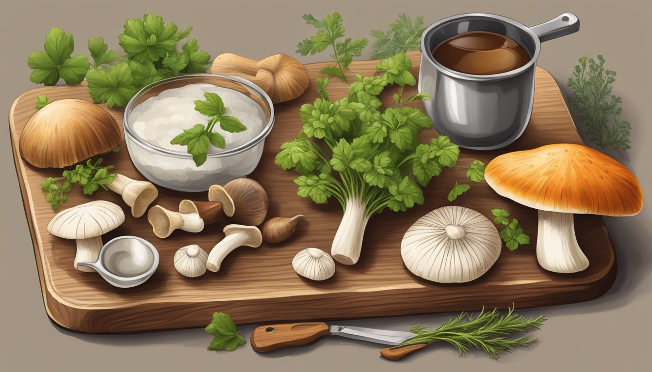 A variety of mushrooms arranged on a wooden cutting board with a sprig of fresh herbs, a knife, and a measuring cup of riboflavin-rich liquid