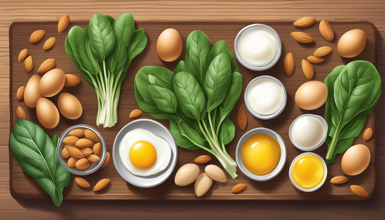 A colorful assortment of spinach leaves, eggs, almonds, and dairy products arranged on a wooden table