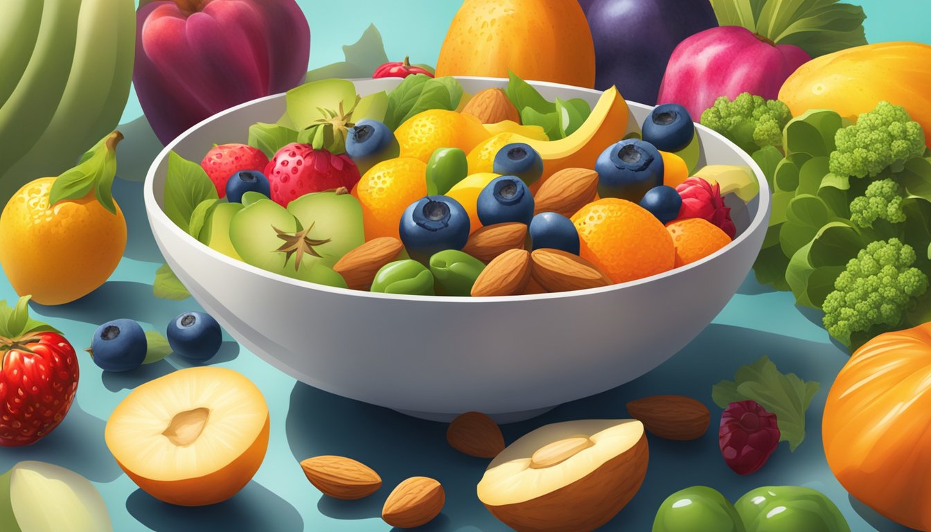 A bowl of almonds surrounded by colorful fruits and vegetables, with a beam of sunlight shining down on them