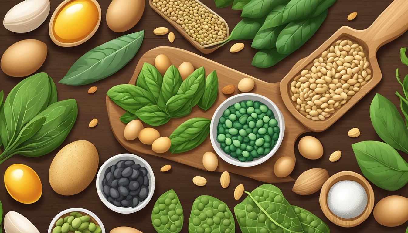 A colorful array of soybeans, eggs, almonds, and spinach, all rich in riboflavin, are neatly arranged on a wooden cutting board