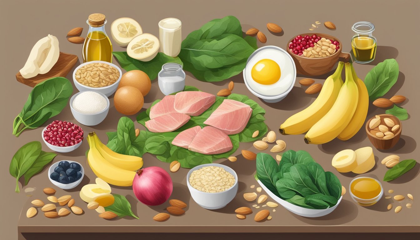 A table with 10 foods: tuna, eggs, almonds, spinach, garlic, ginger, pomegranate, olive oil, bananas, and oats