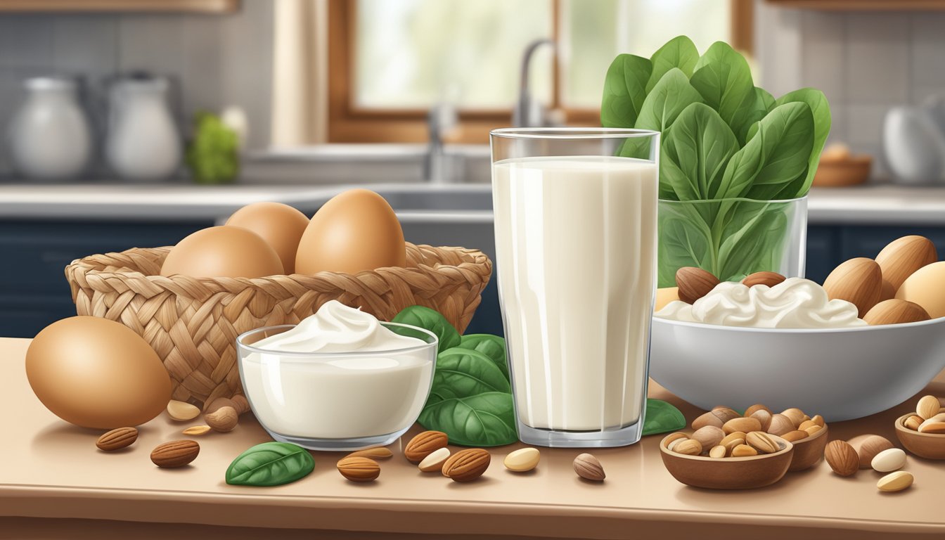 A glass of low-fat milk surrounded by foods like eggs, nuts, and spinach on a kitchen counter