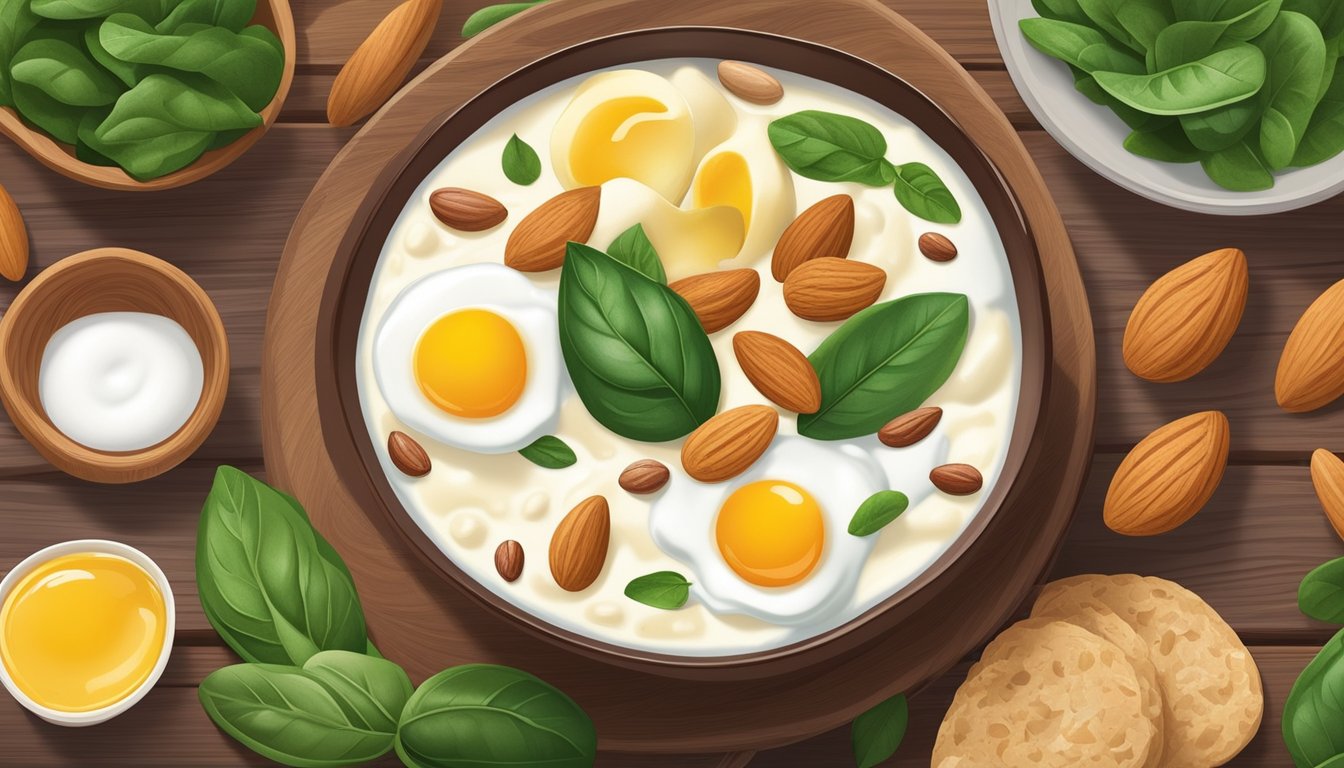 A bowl of yogurt surrounded by 10 different foods rich in riboflavin, such as eggs, almonds, and spinach, displayed on a wooden table