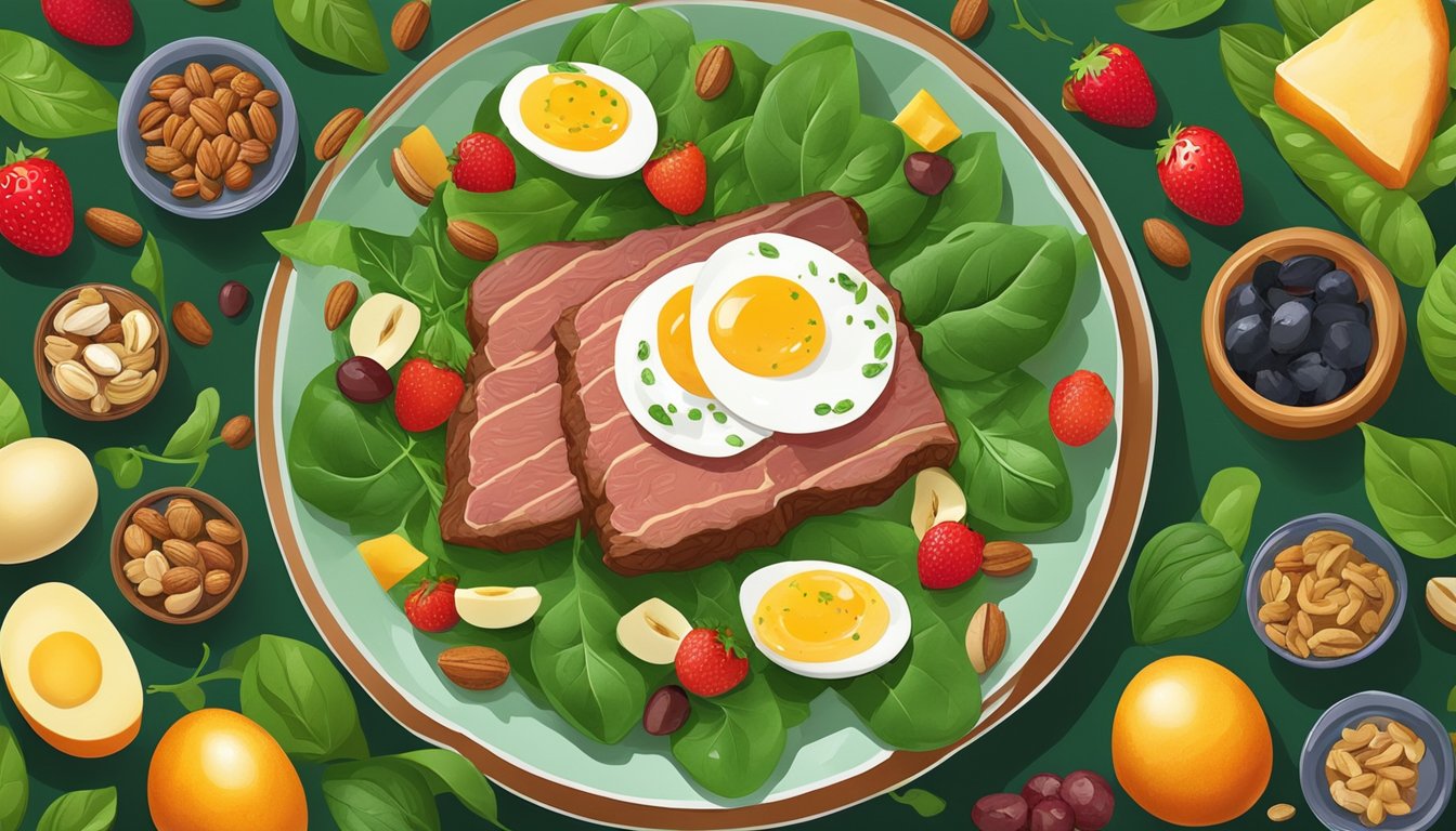 A plate with foods like eggs, spinach, and nuts arranged around a central piece of beef, all surrounded by vibrant green leaves and colorful fruits