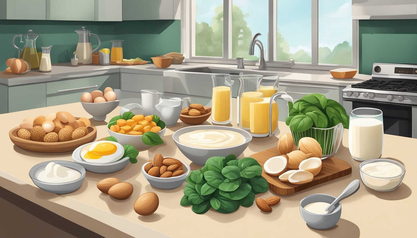 A kitchen counter with a glass of milk surrounded by 10 different foods rich in riboflavin, such as almonds, eggs, spinach, and mushrooms