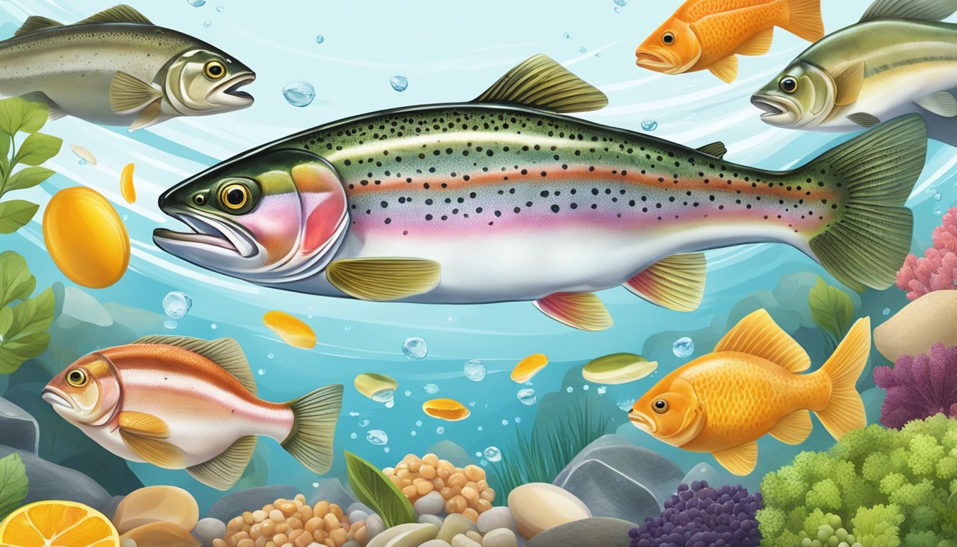 A rainbow trout swimming among a variety of vitamin B12-rich foods like clams, liver, and salmon in a clear, flowing stream