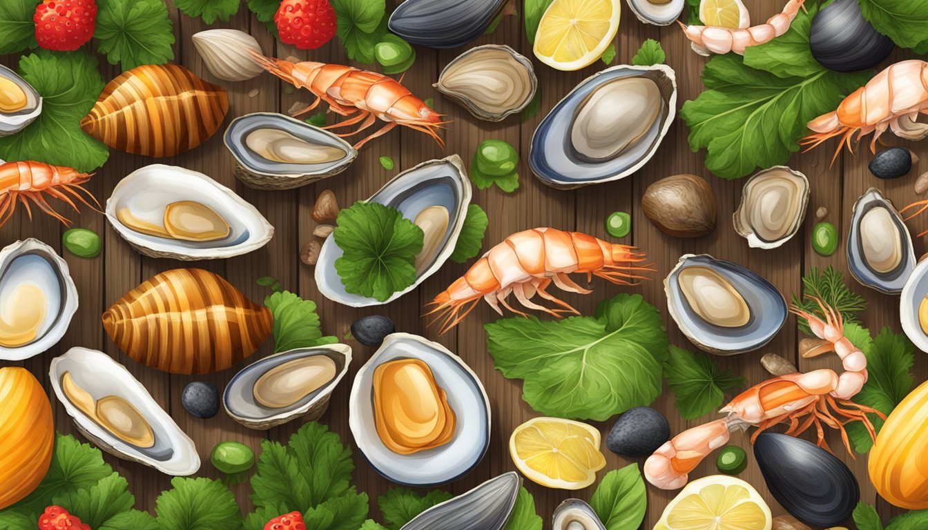 A variety of shellfish, including oysters, mussels, and shrimp, arranged on a rustic wooden table surrounded by vibrant green leafy vegetables and colorful fruits