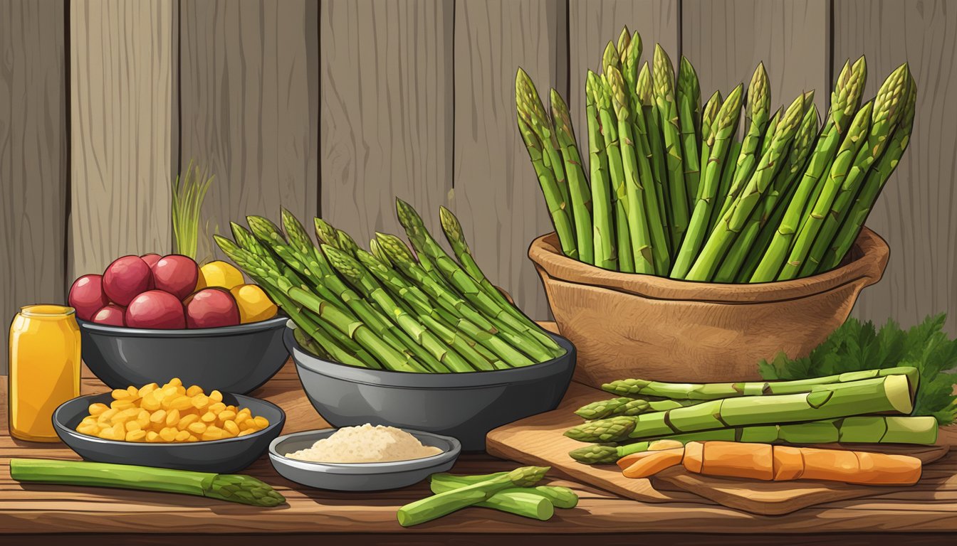 A colorful array of asparagus spears, along with other riboflavin-rich foods, arranged on a rustic wooden table