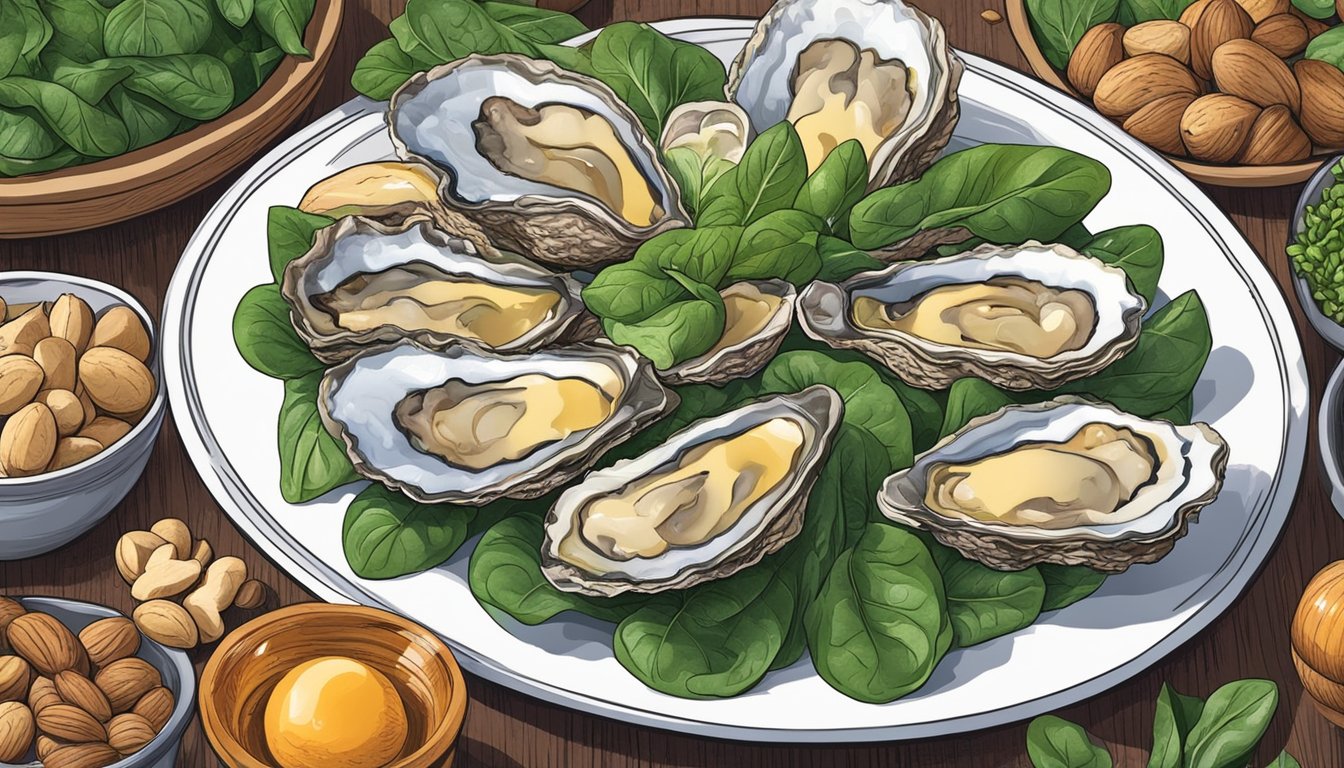 A plate of oysters surrounded by foods like spinach and nuts, with a background of vibrant, healthy ingredients