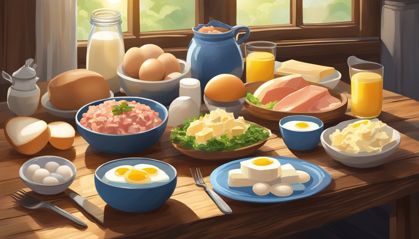 A colorful array of tuna, eggs, and dairy products on a rustic wooden table. Sunshine streams in through a nearby window, casting warm, natural light on the scene